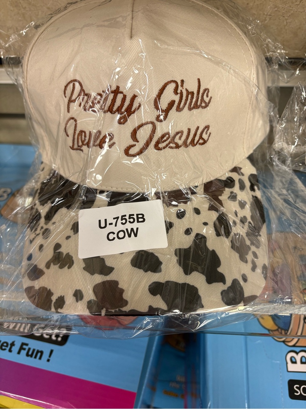 Kids "Pretty Girls Love Jesus" Tan & Brown Cow Print Cap